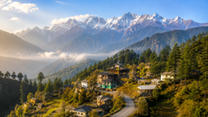 Uttarakhand Tourism featuring Himalayan mountains, forests, villages, and scenic mountain roads