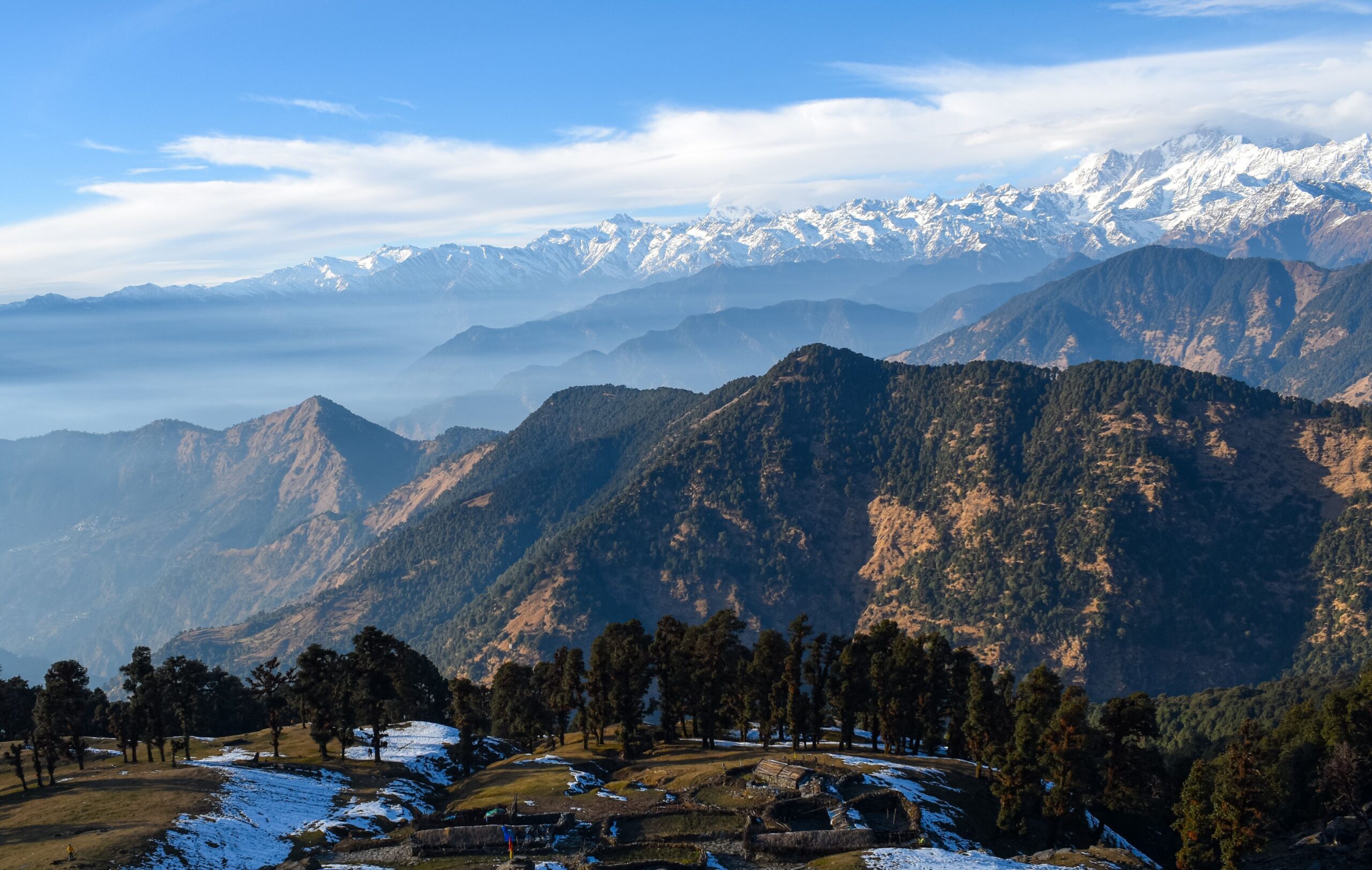 Snow-capped Himalayan peaks, lush pine forests, and breathtaking mountain valleys in Uttarakhand, India.