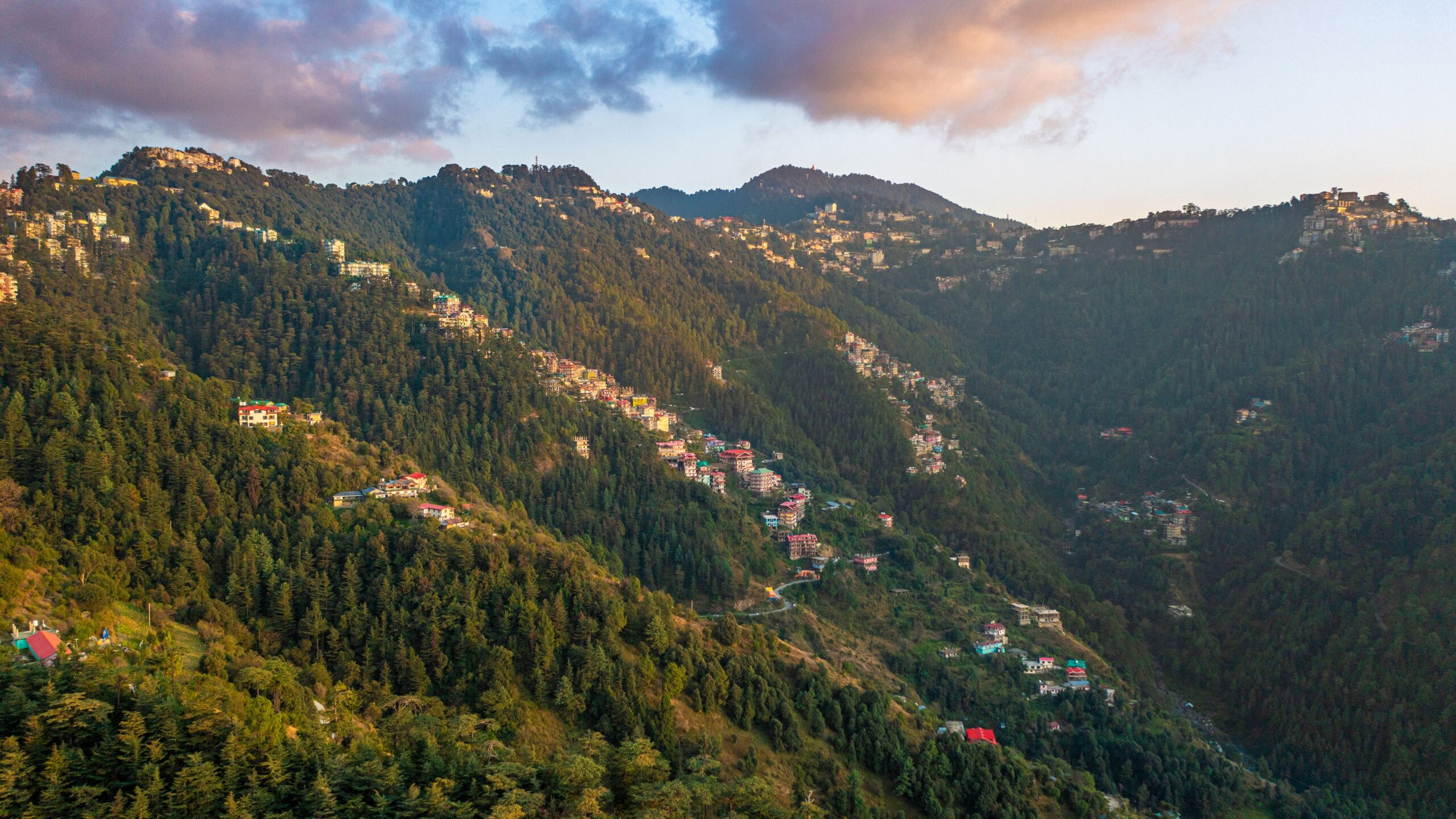 Beautiful hillside town surrounded by dense cedar forests and green mountains in Himachal Pradesh, India